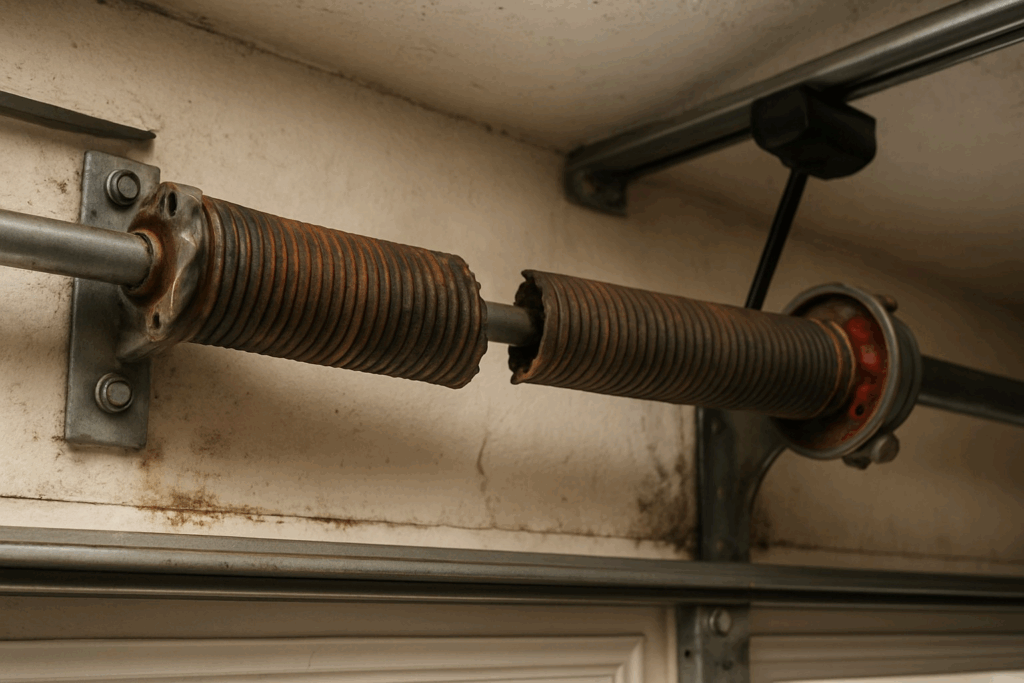 Close-up of a broken garage door spring, showing damage that requires immediate professional garage door repairs.