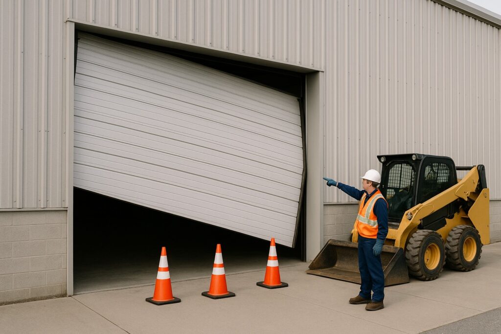 Damaged industrial garage door off track with safety cones and worker inspecting near heavy equipment.