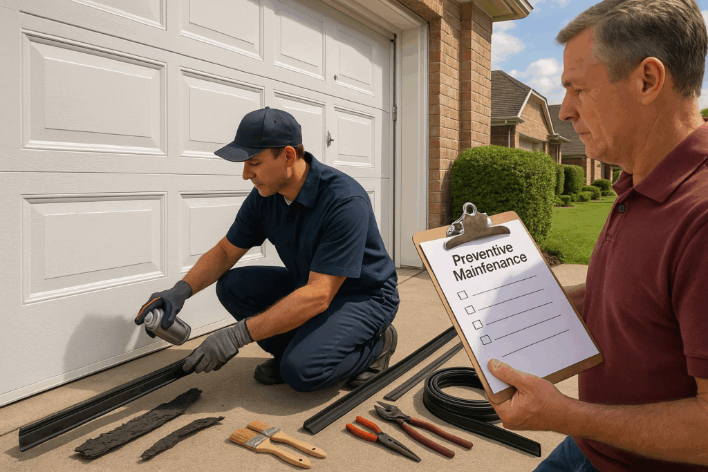 Technician performing preventive maintenance on garage door weather stripping with tools and checklist.