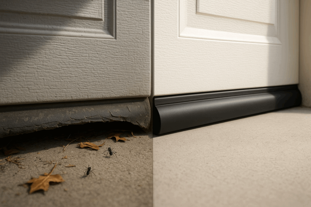Before and after garage door weather stripping showing improved bottom seal against pests and debris.
