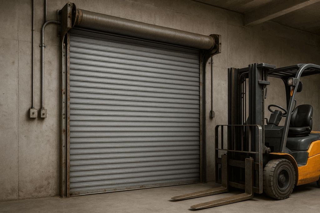 Closed industrial rolling steel garage door beside forklift inside warehouse.