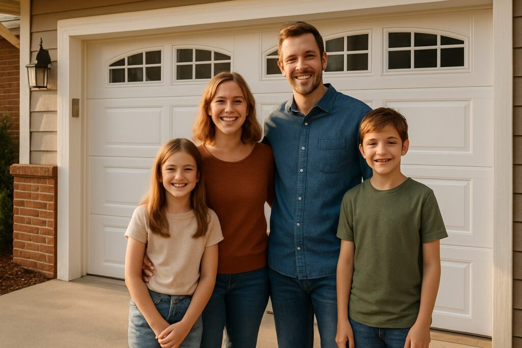 Smiling family standing together in front of their clean, well-maintained garage door, representing home comfort, safety, and curb appeal.