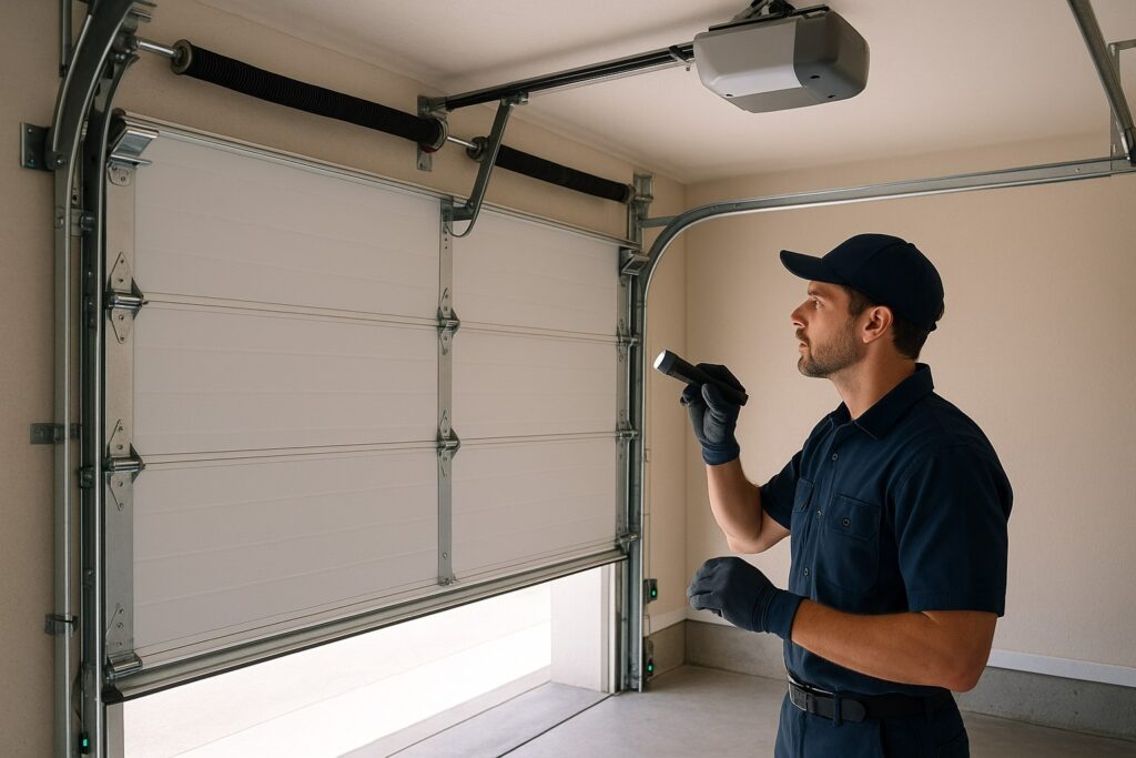 Professional technician inspecting a garage door torsion spring and opener system with a flashlight to identify potential issues or garage door maintenance needs.