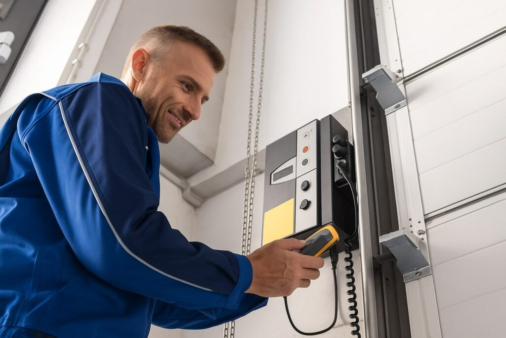 Technician performing a garage door tune-up by testing the control panel and safety systems for proper operation.