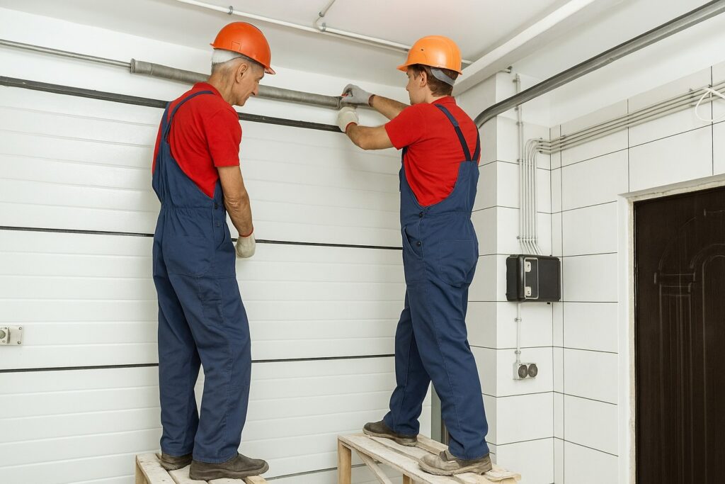 Two technicians performing a garage door tune-up by adjusting torsion springs and inspecting the door mechanism for proper balance and safety.