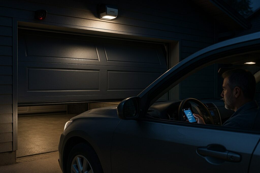 Driver using smartphone to operate system after garage door opener repair at night.