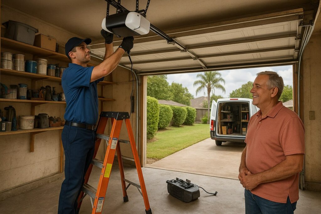 Technician performing garage door opener repair while homeowner observes in residential garage.