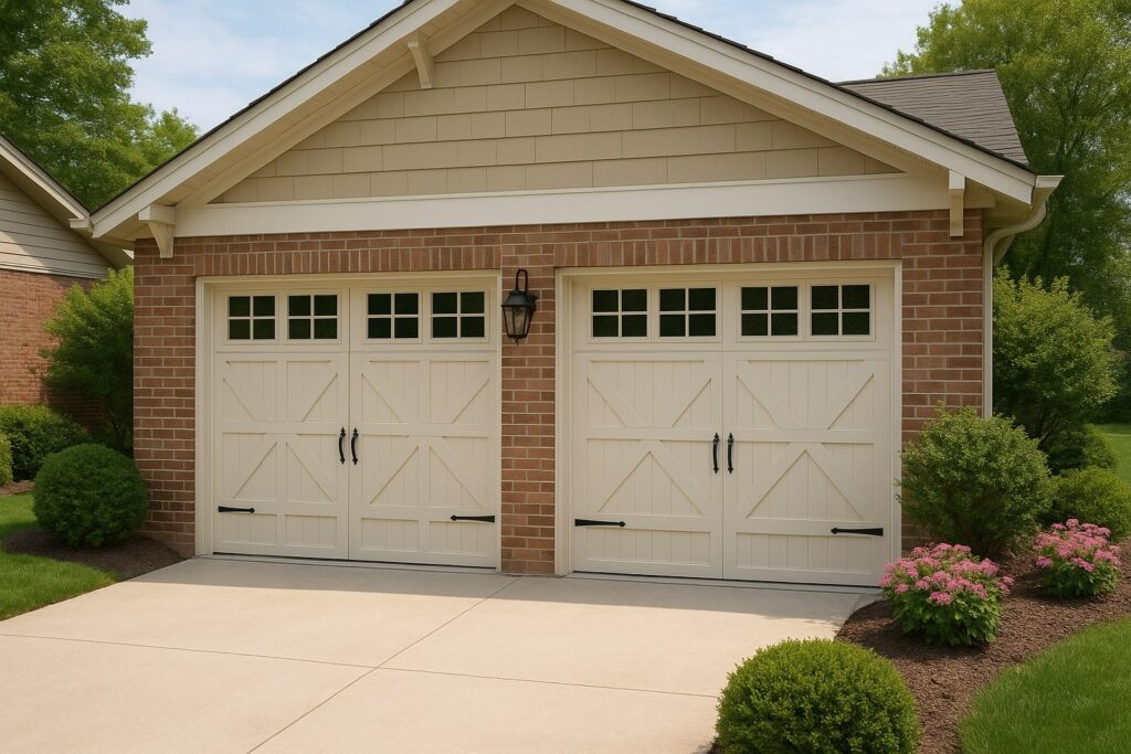 A pair of classic carriage-style automatic garage doors on a brick home surrounded by neat landscaping.