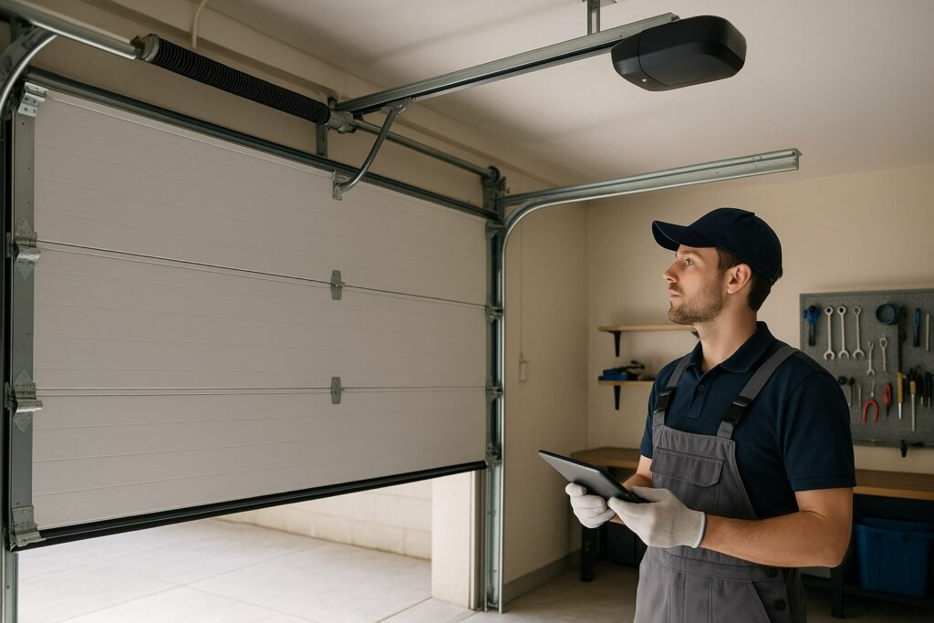 Garage door repair technician inspecting opener and tracks in a residential garage.